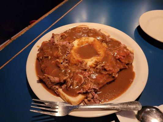 Beef Manhattan special with soup and salad. Put the fork for size comparison, but still doesn't do justice to how big this was.