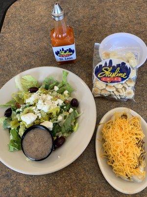 Coney chili dog, Greek salad (yum), and accessories