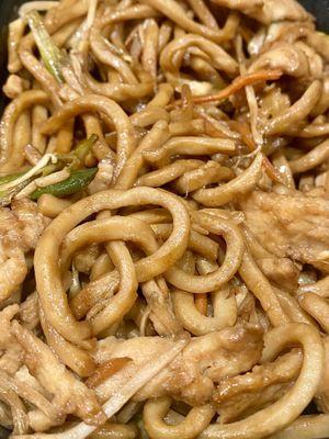 Chicken Lo Mein.  Not very flavorful and big fat noodles (my husband likes a smaller noodle )