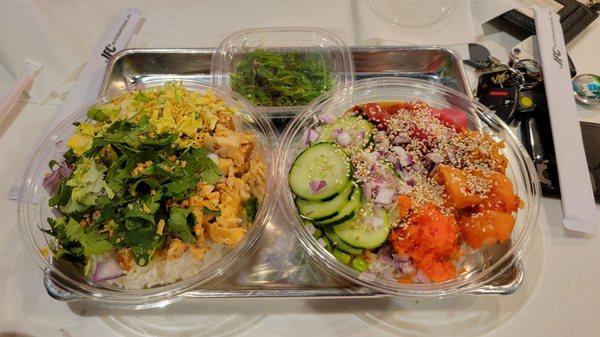 Two Poke bowls and a seaweed salad side.