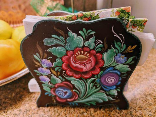 Painted napkin holder  in Bauernmalerei style by Judy's Folk Art Painting, Judy Pino