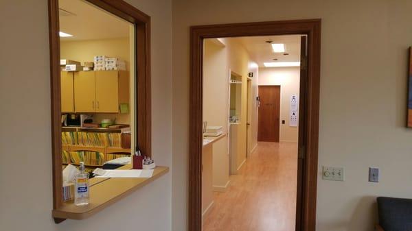 Check-in window & hall to Exam Rooms