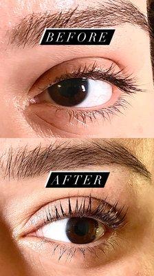 Before and after Lash Lift treatment.