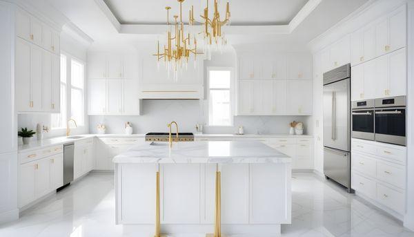 Impeccable white Shaker-style kitchen with ultra-slim design and elegant gold accents. A refined blend of classic charm and modern sophistic