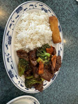 Broccoli Beef with steamed rice and egg roll