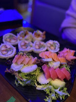 Sashimi plate and shrimp tempura roll