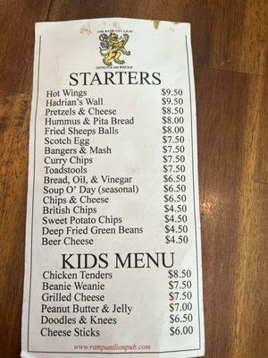 Front page of menu