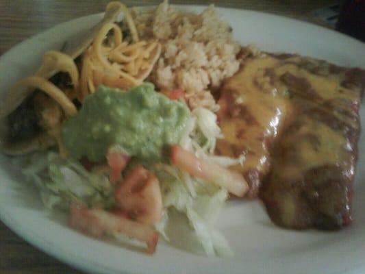 #8 Mex plate- 2 enchiladas, 1 crispy taco, rice and borracho beans on the side -$4.99