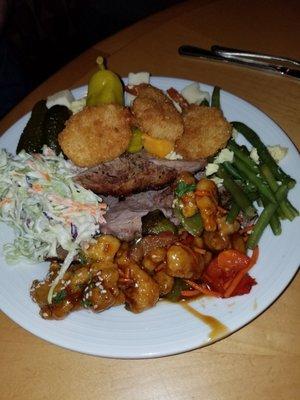 Coleslaw, general tsos, green beans, fried shrimp, prime rib, various cheeses