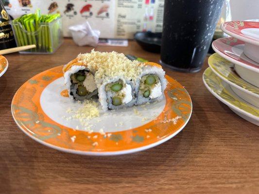 My favorite! The asparagus roll with warm tempura asparagus and melty cream cheese. Only $2.75!