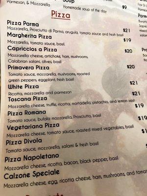 Pizza menu