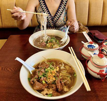 2. Beef Stew Noodle Soup (closer) and 1. Thai Boat Beef Noodle Soup (farther)