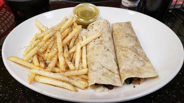 Beef and Carnitas burritos with fries