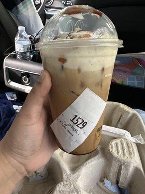 The sticker that states a regular iced mocha