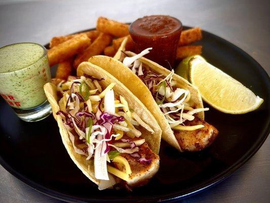 Mahi Mahi tacos with yuca fries