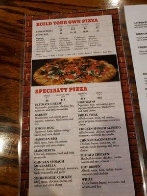 The new pizza menu for SEC Brick Oven pizzeria pub