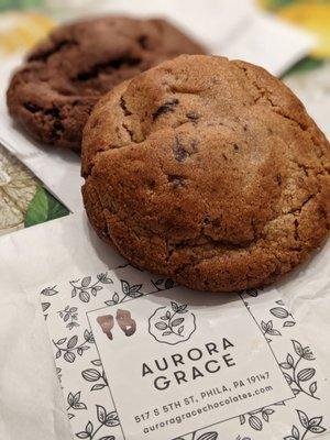 Back: Double Chocolate Chunk Cookie, Front: Peanut Butter Chocolate Chunk Cookie