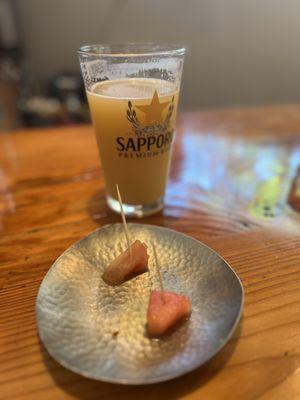 Dill pickles watermelon (amusebush) and Kamonegi Hazy IPA