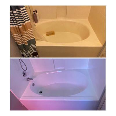 Before and after of a fiberglass tub shower we repaired and refinished.