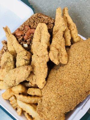 Fried Catfish, Shrimp, & Oyster Seafood Platter w/ Shrimp Fried Rice & French Fries