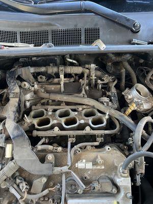 Intake removed from 2007 Toyota Camry SE V6 to get to ignition coil #1 which needed to be replaced.