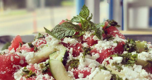 Watermelon salad with fresh mint , cucumbers and honey dressing!!!