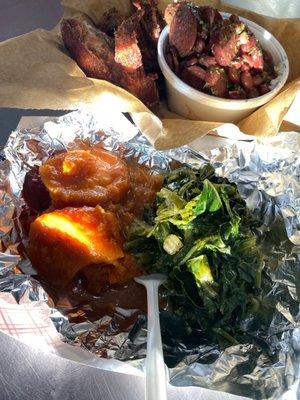 Greens, Candied Yams , Red beans and rice and Fried Chicken Wings