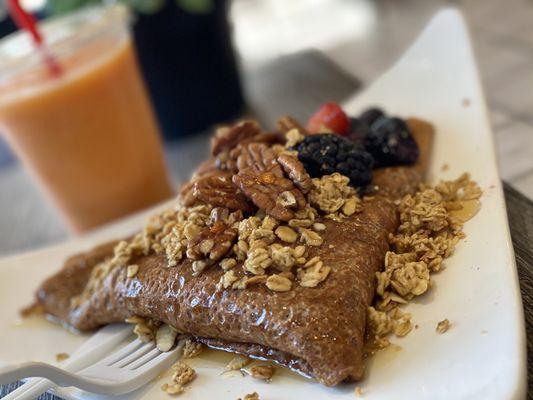 Whole Wheat Crepe w/ granola and fresh berries.