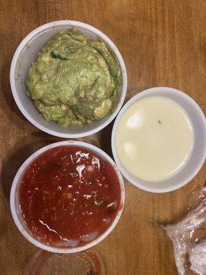 Guacamole, queso dip, and salsa