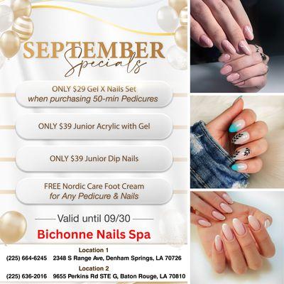 SEPTEMBER SPECIALS 

 Get ready to shine this September with amazing deals at Bichonne Nails Spa!
 ONLY $29 Gel X Nails Set wh