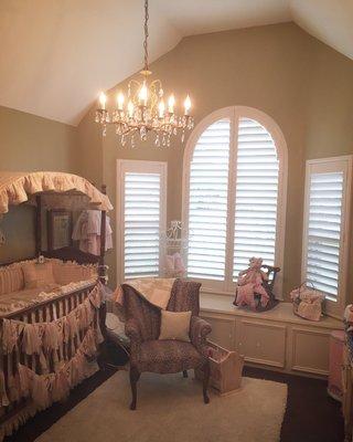 3 1/2" Plantation Shutters with the hidden tilt option. The shutters completed this nursery.