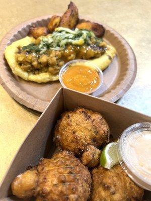 Doubles with sweet plantains and mahi fritters