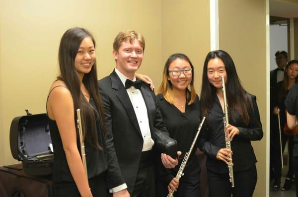 Flute students of the Beverly Hills Conservatory and William "Bill" Robey (second from the left) take over Zipper Hall at Colburn School!