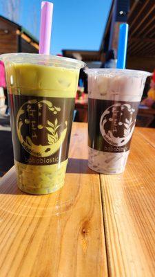 Matcha with lychee and taro with lychee