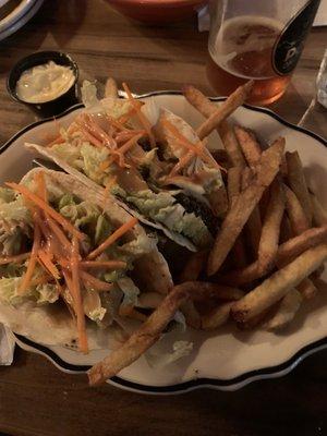 Ahi Tuna tacos with fries instead of chips