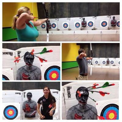 Me lining up my shot, the fun zombie targets, Julie showing us the proper way to hold arrows, and my #1 competitor... LoL