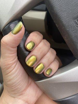 Olive chrome gel mani