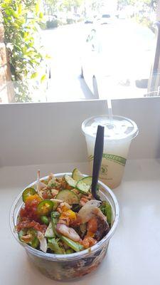 my poke bowl w/ spicy tuna, octopus, & salmon... with all the fixings including mango & avo!!... plus yummy lychee lemonade!!