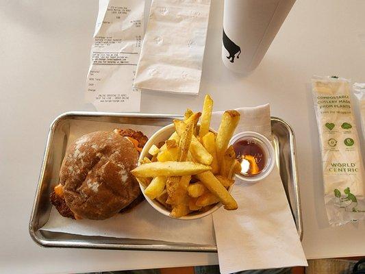 Buffalo Chicken sandwich, fries, and ice Tea