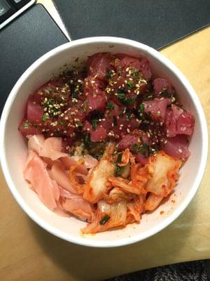 Poke bowl with double poke, kim chew, ginger, and gluten-free spicy garlic sauce