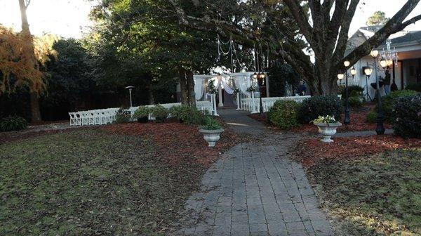 Grounds were flooded with old leaves. Missing the rose petals down the aisle. Also, multiple chandeliers were to be placed in this tree..