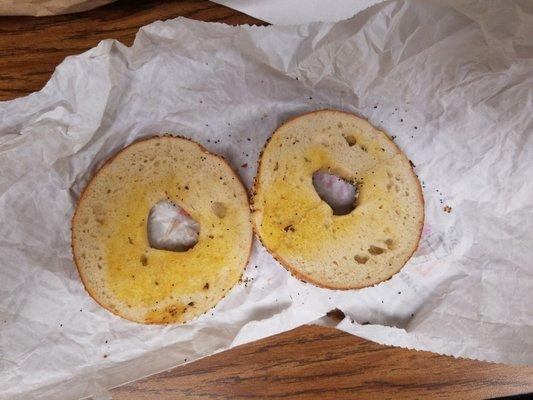 Asked for an everything bagel with butter and this is what I get.  Coffee is good but do not recommend getting their food.