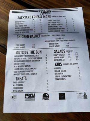 Back of menu