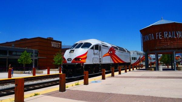 New Mexico Rail Runner Express heading south from the Santa Fe Depot.