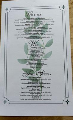 Wine and drinks menu, including mocktails.