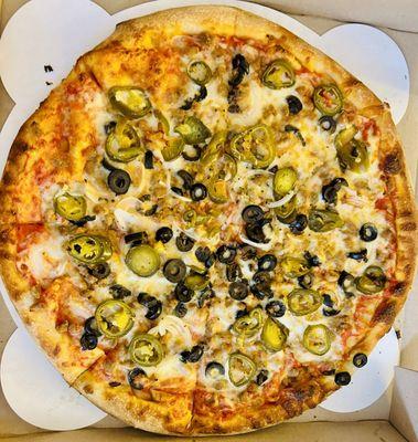 14" Cheese Pizza with Beef, Onions, Olives and Jalapeños