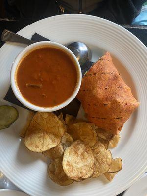 Caesar wrap, tomato bisque, homemade chips