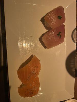 A course from the Trust Me - tuna and salmon nigiri