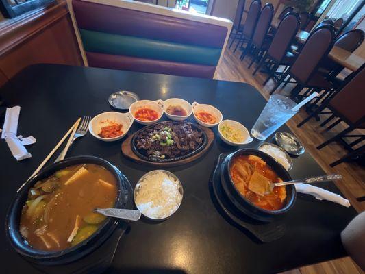 Korean side dishes, rice bowls, soybean paste soup, kimchi stew, and marinated beef