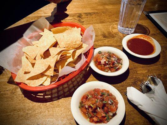 Complimentary chips, salsa and pico de gallo